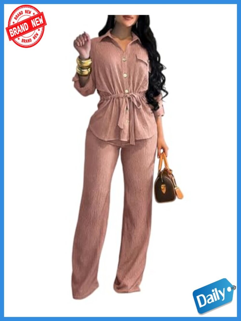 2 Piece Set for Women Wide Leg Pants Button Down Shirt Drawstring Waist Travel
